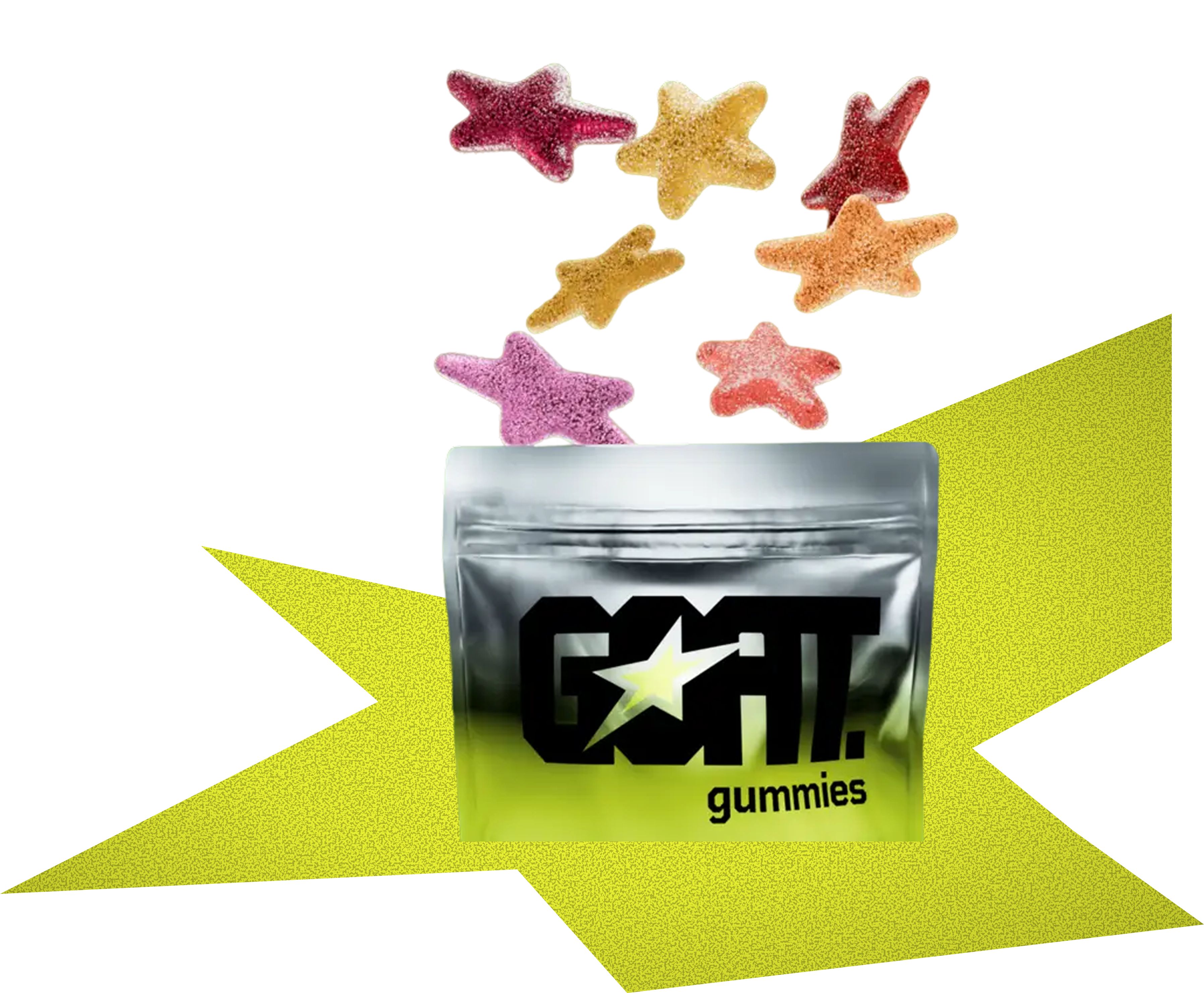 GOAT Gummies bag with flying fruit gummies